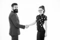 Handshake successful deal. Business concept. Nothing personal just business. Colleagues man with beard and pretty woman Royalty Free Stock Photo