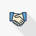 Handshake thin line flat color icon. Linear vector symbol. Colorful long shadow design.