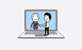 Handshake of two business people on laptop background. on line communication concept. isolated illustration outline hand dr