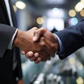 Handshake between two CEOs in a corporate boardroom background - AI Generated Royalty Free Stock Photo