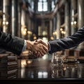 Handshake between two lawyers in a courtroom background. - AI Generated