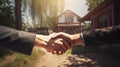 handshake of two men in suits against the background of a suburban wooden house, in the middle of nature, in summer