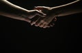 Handshake between the two partners. Rescue or helping gesture of hands. Concept of salvation. Hands of two people at the