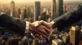 handshake between two professionals, buildings background, Businessman handshake, buildings background, AI generated Royalty Free Stock Photo