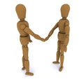 Handshake of two wooden dolls Royalty Free Stock Photo