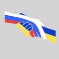 Handshake Ukraine and Russia on background of flag. No More War. Negotiations, agreements peace