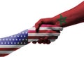 Handshake between United States and morocco flags painted on hands, illustration with clipping path Royalty Free Stock Photo
