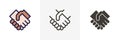Handshake Vector icon. Graphic elements of two hands shaking eachother. In 3 styles - Colored Filled outline, thin line outline