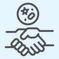 Handshake and virus line icon. 2019-nCoV Covid-19 disease prevention outline style pictogram on white background