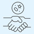 Handshake and virus thin line icon. 2019-nCoV Covid-19 disease prevention outline style pictogram on white background