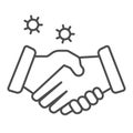 Handshake and virus transmission thin line icon, coronavirus epidemic concept, Covid-19 transmitted through shake hand