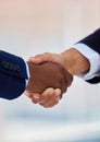 Handshake, welcome and deal with closeup of business people for partnership, thank you and contract. Teamwork, hiring