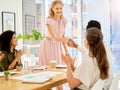 Handshake, welcome and woman in office meeting for friendly onboarding greeting with new staff. Hello hand gesture in