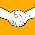 Handshake white silhouette with black contour on orange background