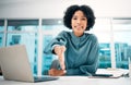 Handshake, woman and job interview, recruitment with human resources and communication, partnership and trust. Portrait Royalty Free Stock Photo