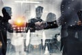 Handshaking business person in office. concept of teamwork and partnership. double exposure Royalty Free Stock Photo