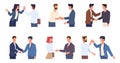 Handshaking people. Greeting male and female characters polite and friendly gestures, men and woman respect and high