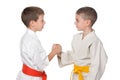 Handshaking of two boys in kimono