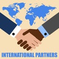 Handshaking of two businessmen on world map background. Lettering International partners. Vector illustration Royalty Free Stock Photo