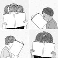 Handsketched boys and girls reading books