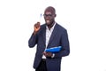 Handsome adult businessman holding pen and clipboard smiling Royalty Free Stock Photo