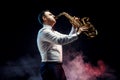 Handsome adult man playing saxophone Royalty Free Stock Photo