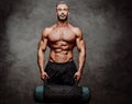 Handsome adult sportsman wearing sportswear posing for a camera while holding a weight bag