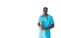 a handsome African-American doctor smiles standing on a white isolated background