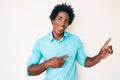 Handsome african american man with afro hair wearing casual clothes smiling and looking at the camera pointing with two hands and Royalty Free Stock Photo