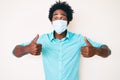 Handsome african american man with afro hair wearing medical mask puffing cheeks with funny face Royalty Free Stock Photo