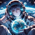 A handsome anime astronaut man, with a crystal ball on his hand, in a breathtaking planet, galaxy, stars, digital anime art, boy