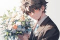 handsome anime guy in a suit with a beautiful bouquet on white background