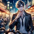 A handsome anime man with his motorcycle, on the city street, with the lights from the cafes, night scene, wallpaper, fantasy