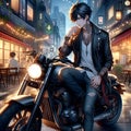 A handsome anime man with motorcycle, in fashionable and stylish hair, on a city street, lights from the cafes, wallpaper