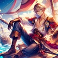 A handsome anime pitrate man sitting on the pirate ship, pirate costums, dreamlike, digital anime art, wallpaper, fantasy art