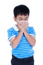 Handsome asian boy blowing his nose into tissueon. Isolated on w Royalty Free Stock Photo