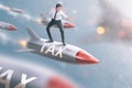 Handsome asian businessman flying on tax rocket