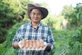 Handsome Asian man farmer holds tray of eggs at garden Royalty Free Stock Photo