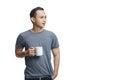 handsome asian man holding cup of coffee