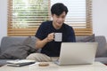 Handsome asian man sitting on couch and using laptop, browsing internet, replies to email, working online