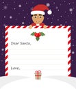 Handsome Asian Santa in uniform suit is holding a paper and smiling friendly.