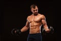 Handsome athletic man in gym is pumping up muscles with dumbbells in a gym. Fitness muscular body isolated on dark Royalty Free Stock Photo