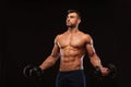 Handsome athletic man in gym is pumping up muscles with dumbbells in a gym. Fitness muscular body isolated on dark Royalty Free Stock Photo