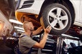 Handsome auto mechanic installs and inspects the wheels on the car. Torsion of wheels on service station