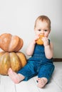 Handsome baby in denim overalls and pumpkin. Complementary feeding of children, first autumn of toddler, Halloween, food allergies Royalty Free Stock Photo