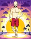 Handsome bald man with beard and mustaches poses in red shorts o