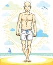 Handsome bald young man standing on tropical beach in bright shorts. Vector athletic male illustration. Summer vacation lifestyle