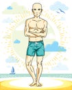 Handsome bald young man standing on tropical beach in bright shorts. Vector athletic male illustration. Summer vacation lifestyle