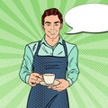 Handsome Barista Cafe Making Coffee. Pop Art retro illustration