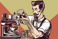 Handsome Barista Cafe Making Coffee. Pop Art retro vector illustration